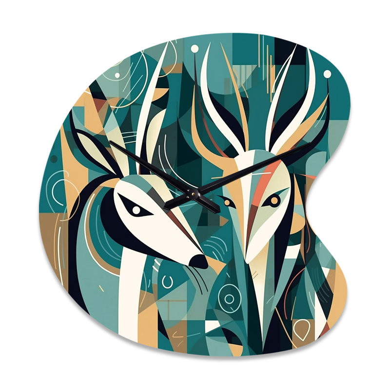 Portrait de cerf abstrait vert beige - horloge asymétrique moderne en métal, horloge murale verte, Grand