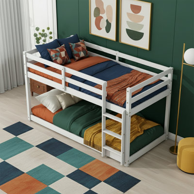  77" Wide Twin over Twin Low Bunk Bed - Solid Rubberwood Floor Bed Frame for Kids - Safety Guardrails and Integrated Ladder - No Box Spring Needed