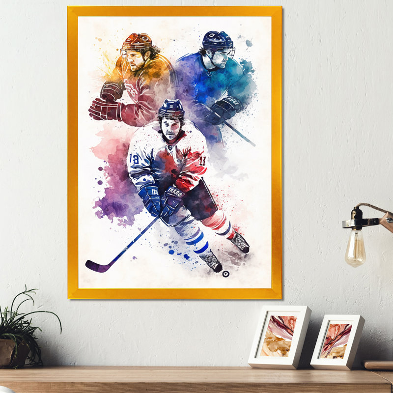 Trois joueurs de hockey pendant la partie I - Impression sur toile, H 20 po x l 12 po x P 1 po