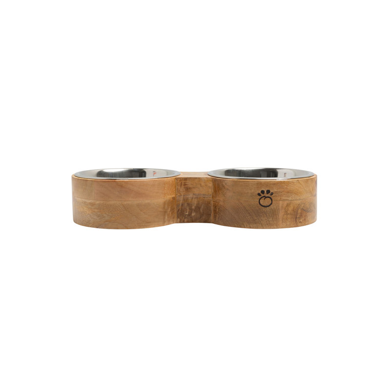 Small Mango Wood Elevated Double Pet Feeder with Stainless Steel Bowls