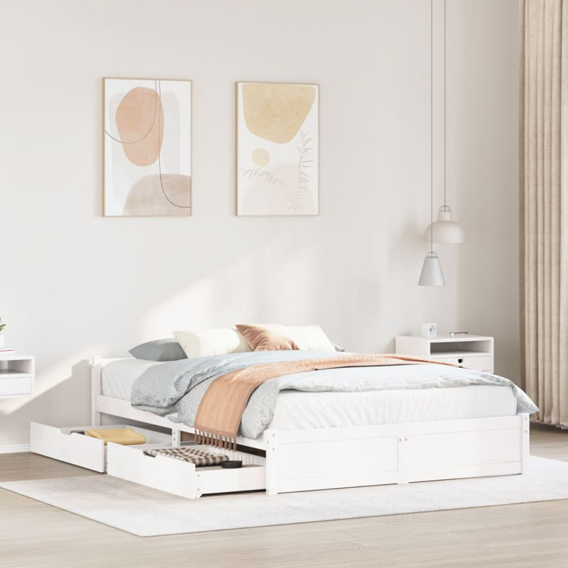 Solid Wood Drawers Bed Frame, 36.5cm H x 195.5cm W x 140.5cm D, White