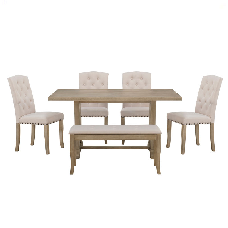 Ensemble de table de salle à manger 6 pièces, table à tréteaux rectangulaire, 4 chaises rembourrées et banc pour la salle à manger
