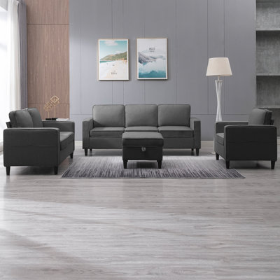 Raylina 4-Piece Linen Living Room Set with Storage Ottoman, Upholstered Sectional Sofa & Loveseat &Single Sofa for Small Spaces, Dark Gray