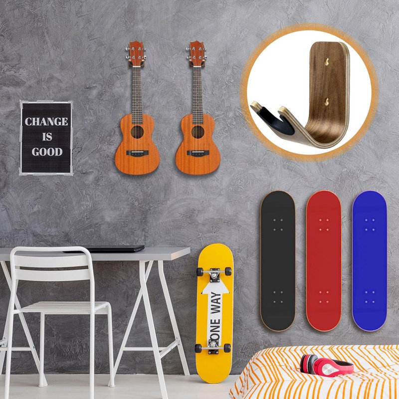 Guitar Wall Mount Holder Guitar Hanger with Pick Slot Skateboard Rack Modern Design Guitar Hook Ukulele Stand