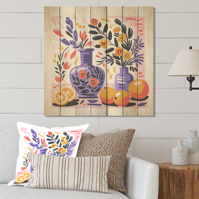 Purple Boho Pottery Blooms I - Boho Pottery On Wood Print