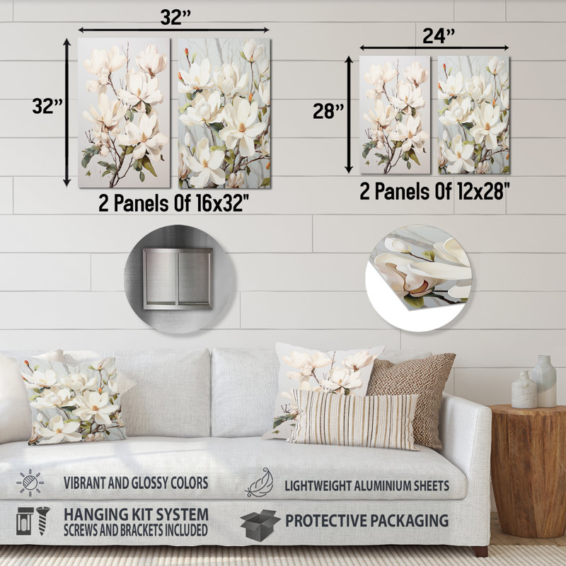 Ensemble de 2 reproductions d'art murales en métal beige et vert Magnolias, H 32 po x l 32 po