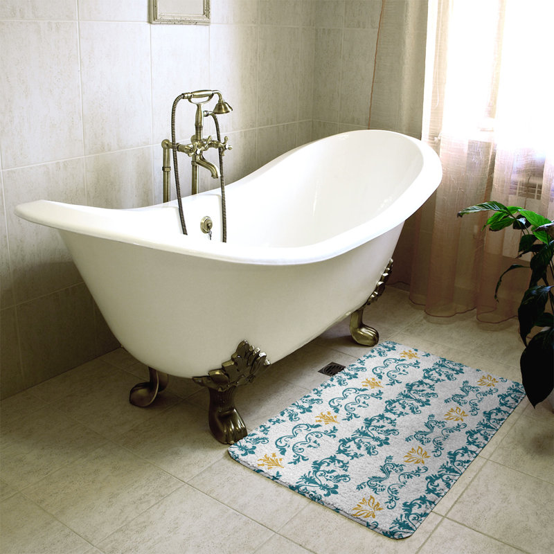 Tapis pour salle de bain Jacksonville, l 17 po x L 24 po, Bleu sarcelle / blanc / or