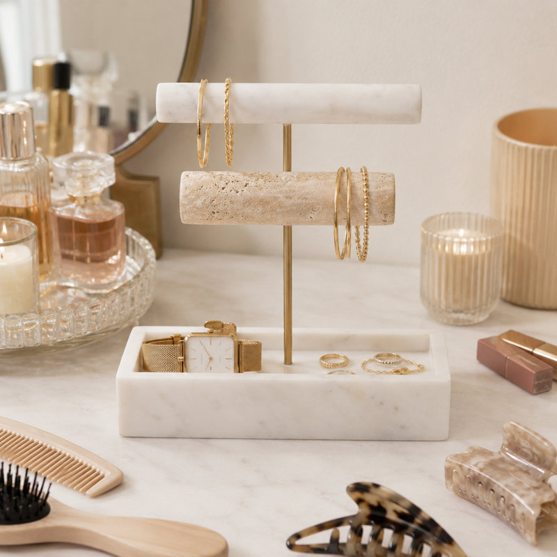 Présentoir à bijoux et barre à bracelets contemporain à 2 niveaux en marbre pour coiffeuse - Rangement moderne pour commode - 23 cm, blanc et beige