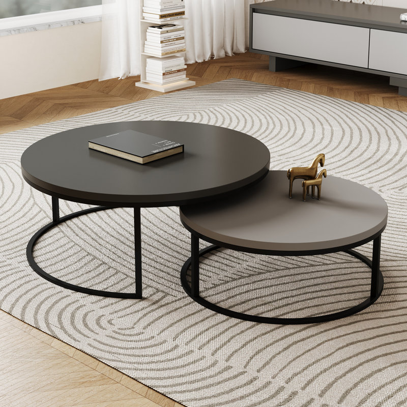 Nesting Coffee Tables Set of 2, Round Walnut & Black Metal Frame, Modern End Tables for Small Spaces, Living Room, Apartment (80 & 60cm)