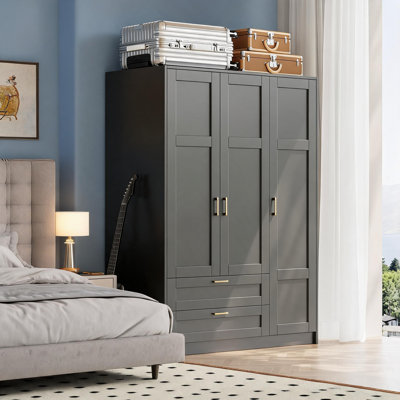 66" Tall Freestanding Storage Cabinet with 3 Doors and 2 Drawers, Wooden Wardrobe with 3 Shelves and Hanging Rod