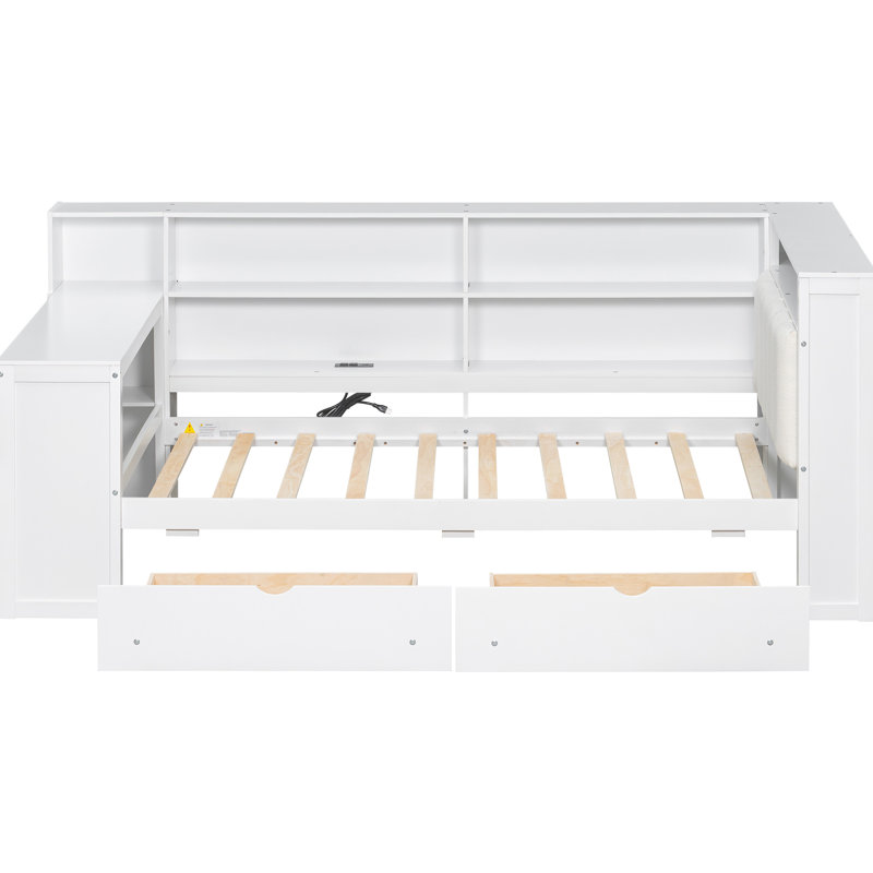 Lit plateforme simple en bois avec rangement spacieux, 2 tiroirs, charge, éclairage à DEL, bureau et tête de lit tapissier doux, blanc beige avec 8 tablettes de rangement, station de charge, DEL réglable