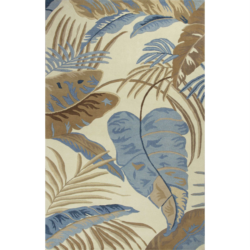Tapis botanique tropical touffeté à la main ivoire et bleu en laine 5 pi x 8 pi