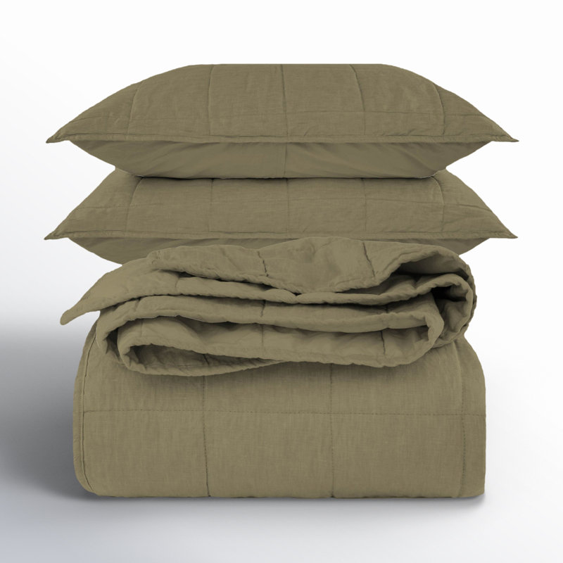 French Linen Box Stitch Quilt & Sham Set, Moss, Queen Quilt + 2 Standard Pillow Shams