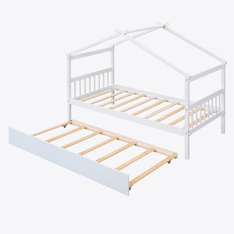 Annais Wooden House Bed with Trundle, Full, White