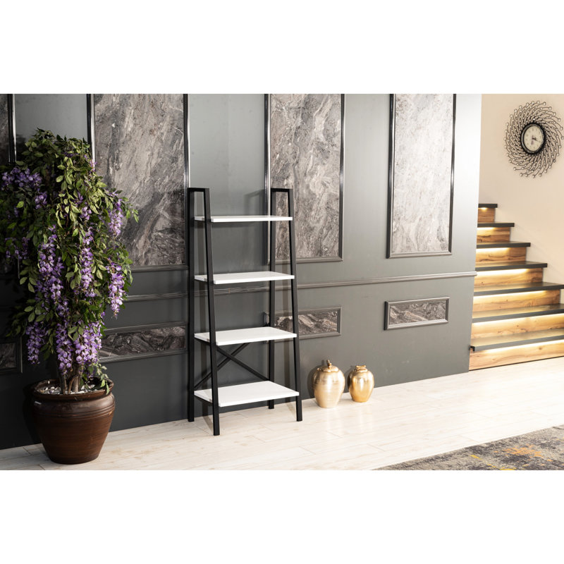 Organisateur de bibliothèque moderne blanc à 5 niveaux, bibliothèque en bois massif avec cadre en métal pour espaces de vie restreints et espaces de bureau en blanc, espaces restreints