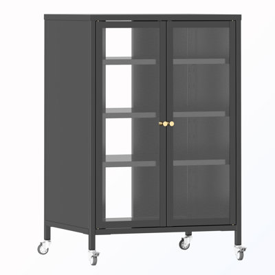 Armoire de rangement avec roulettes et tablettes en verre réglables et porte