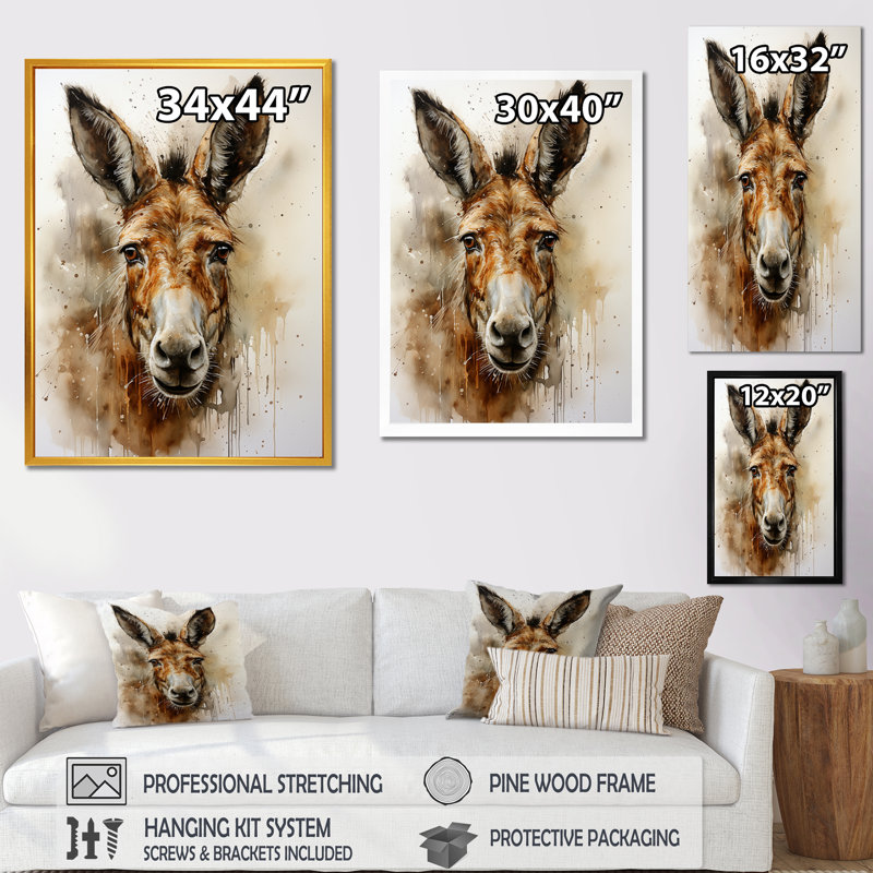 Donkey Portrait Country Charm I - Donkey, art mural, Cadre flottant doré, H 20 po x l 12 po