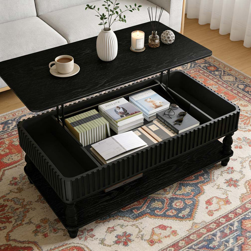 Table basse relevable avec colonnes romaines cannelées en bois massif, Noir
