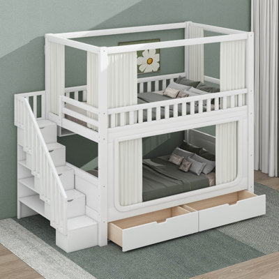 Lit superposé double au-dessus de double avec rideaux d'intimité, lumières DEL sous le lit, escalier de rangement