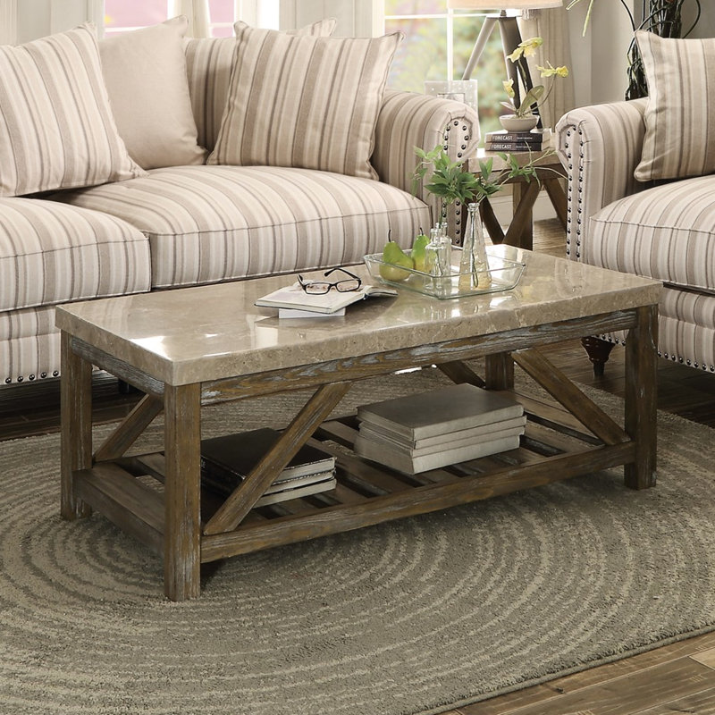 Table basse rectangulaire avec structure en marbre blanc crème et bois