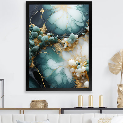 Gold And White Flowers On Blue Stone IV - Stone Geode Wall Art