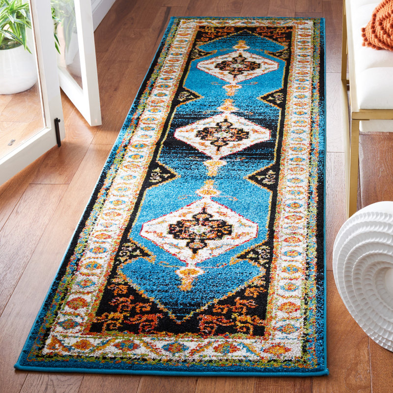 Tapis rétro bleu / ivoire Hamadan 260, Tapis de couloir 2 pi 3 po x 8 pi