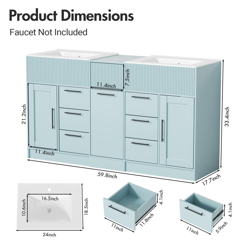 60" Modern Blue Freestanding Double Sink Bathroom Vanity Set with Integrated Sinks and Storage, Blue