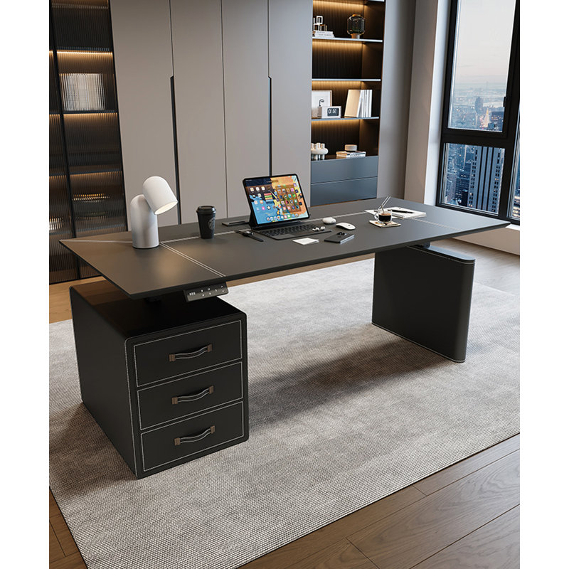 Bureau en cuir électrique intelligent à hauteur réglable, Noir, H 25,6 po x l 63 po x P 27,6 po