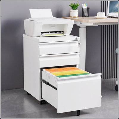 3-Drawer Mobile File Cabinet with Lock, 5 Wheels, Cold Rolled Steel, Fully Assembled, Pen Tray & Hanging Bar for Home Office