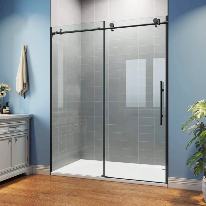 JS 60'' - W x 76'' H Single Sliding Shower Door Semi-Frameless Shower Door with 5/16" (8mm) Glass Explosion-Proof Film, Nano Easy-Clean Coating Glass 304 Stainless Steel Hardware