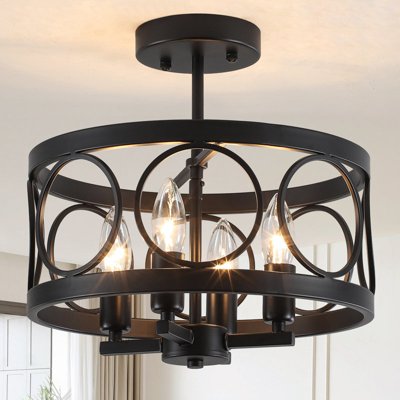 4-ligh 12.6" Dimmable Farmhouse Rustic Hollow Drum Semi-flush Mount Ceiling Light For Kitchen Island Living Room Bedroom Entryway