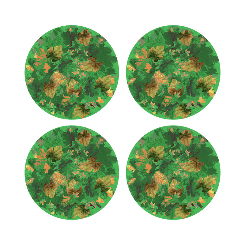 Fallen Leaves Green Vegan Leather Round Coasters, Green