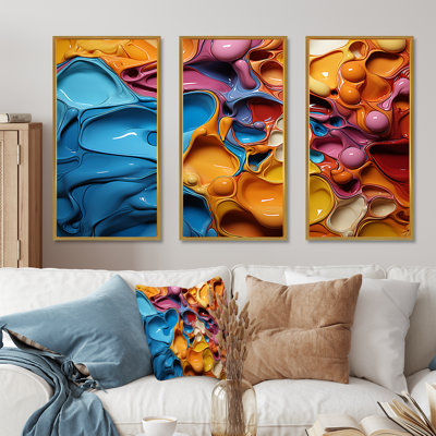 Symphonie orange et bleu, peinture goutte à goutte I - ensemble de décoration murale peinture goutte à goutte