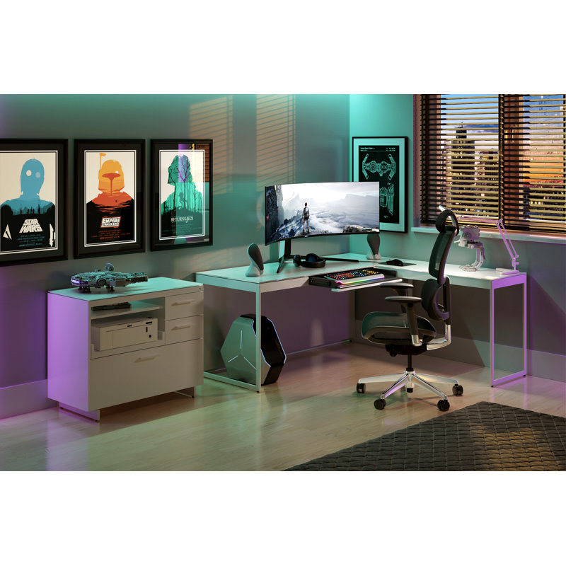 Satin White & Grey Glass Writing Desk with Drawer and Power Outlet