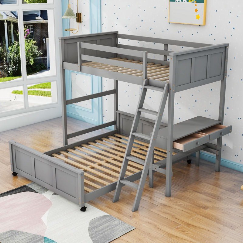 Janush Wood Bunk Bed with Desk and Drawers, Gray, Twin over Full