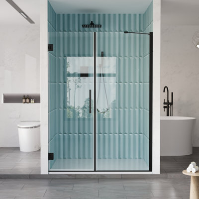 Porte de douche sans cadre à charnières, 140-142 cm (L) x 183 cm (H), avec paroi de douche fixe en verre trempé transparent SGCC de 9,5 mm, noir mat.