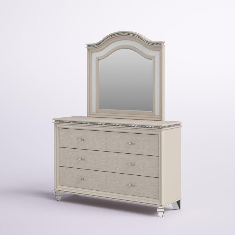 Commode double 6 tiroirs avec miroir Sienna, Blanc perle