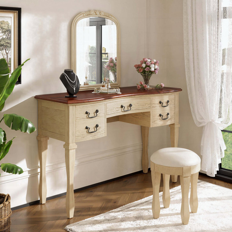 Vintage Makeup Vanity with Curved Flower Frame Mirror, 5 Drawers, Leather Stool, and Solid Wood Legs