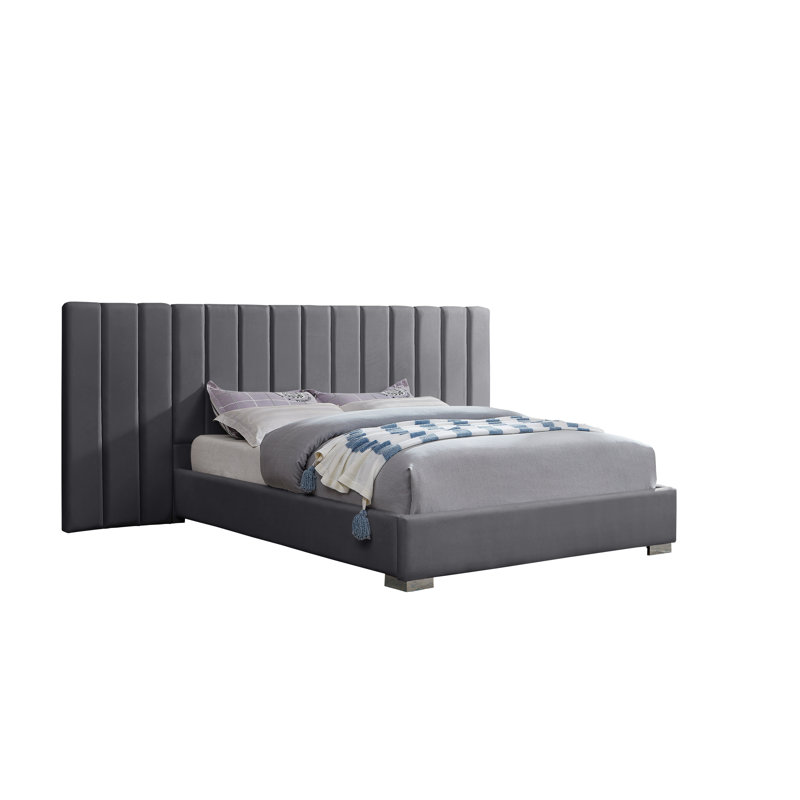 Lit plateforme en velours de luxe avec tête de lit capitonnée Channel, base de lit tapissier moderne, gris, Grand, Gris