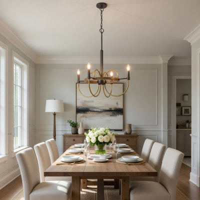 Lustre candélabre 4 lumières, base en bois, bronze et métal gris 24 pouces