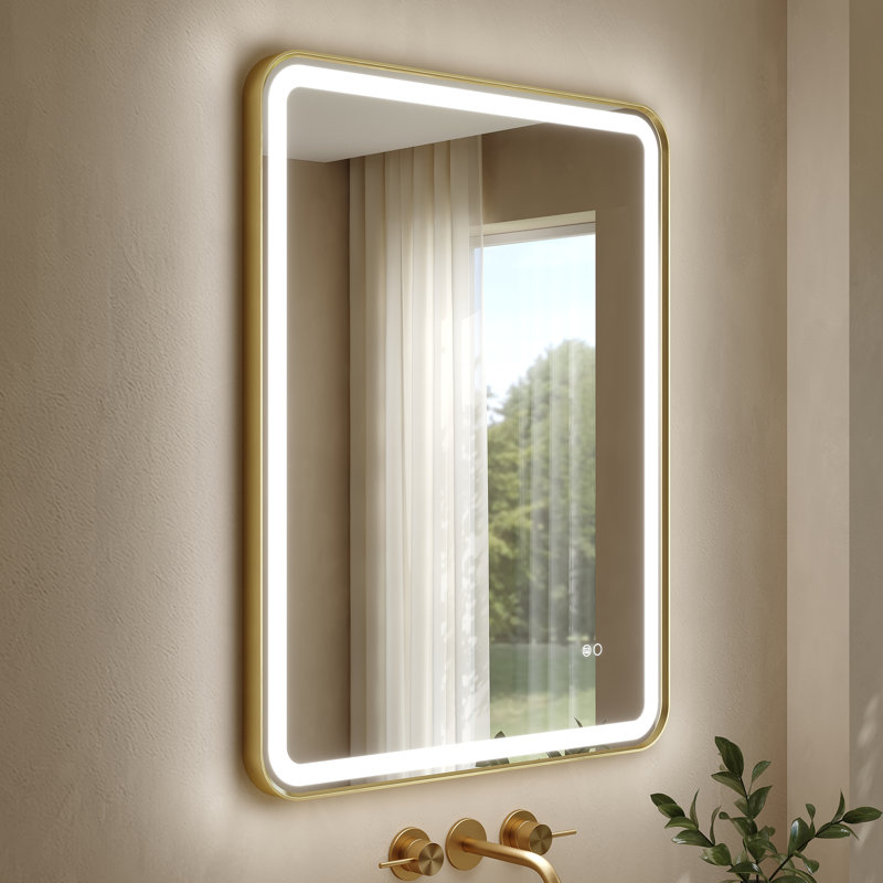 28 in.W x 36 in.H Wall Mounted Bathroom Rectangle Brushed Gold Framed LED Mirror With Anti-Fog, Memory Function, 36" x 28"