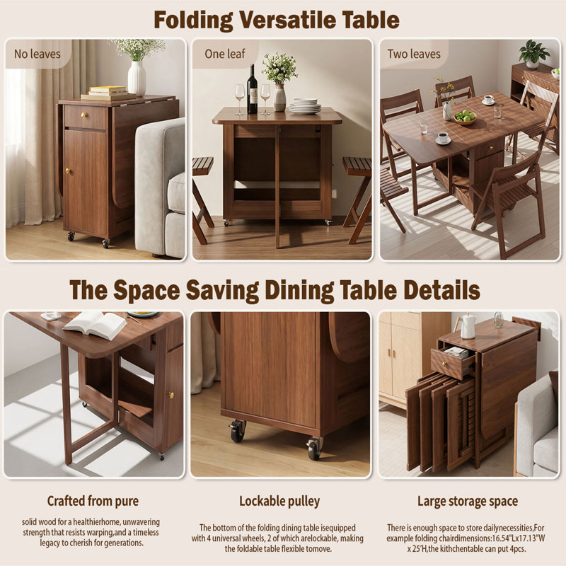 Solid Wood Folding Dining Table Set For 4-6, 51.18" Extendable Space Saving Drop Leaf Kitchen Table With Storage, Fully Assembly Required (Walnut, Only the table, without the chairs)
