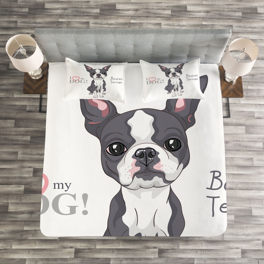 Gestepptes Bettdecken-Set, Naive Welpen-Gesicht, Boston Terrier, Grau Coral und Weiß