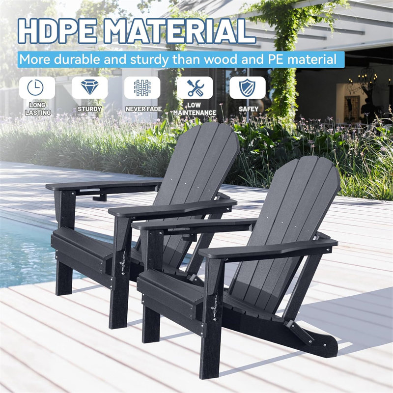 Adirondack Chairs Set Of 2, Plastic Adirondack Chair, Adirondack Chairs, HDPE Adirondack Chair, Folding Adirondack Chairs, Outdoor Chairs With Cup Holder For Lawn Patio Deck Fire Pit -Black