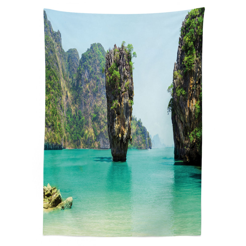 Ambesonne Island Tablecloth, James Bond Stone Island Landscape In Tropical Beach Cruising Journey Of Life Photo, Rectangular Table Cover For Dining Room Kitchen Decor, 52" X 70", Green Brown