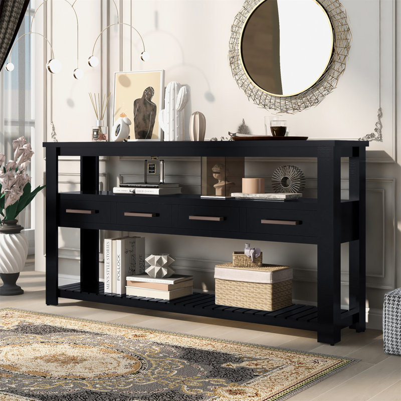 Table console moderne pour salon avec 4 tiroirs et 2 tablettes, Noir, noir, noir, noir