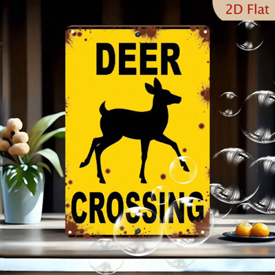 Enseigne rustique en métal «Crossing Deer Crossing» - Attention murale rétro jaune avec trous de balle, décor de chalet de chasse en fer, facile à suspendre pour chalet, décoration de bar de campagne et d'extérieur, motif vieilli, 12 x 8 po