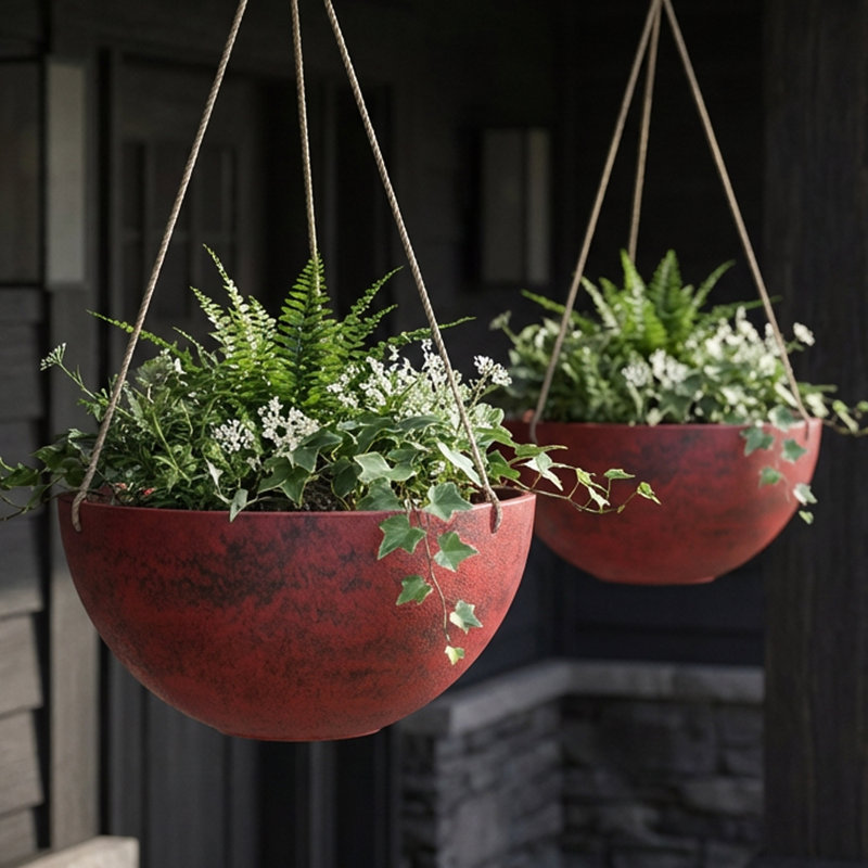 Ensemble de 2 pots à fleurs suspendus Algreen Algra (composite avec crochets en macramé, intérieur / extérieur), Rouge