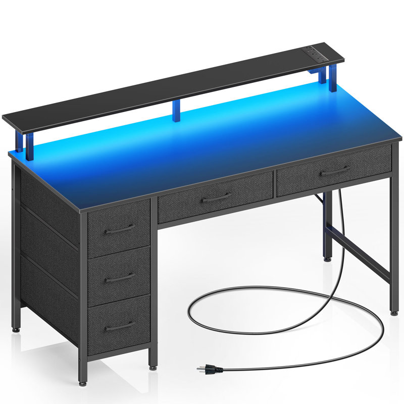 Linze Computer Desk w/ Monitor Shelf, RGB LED Lights, USB Ports & Drawers, Black, 35.20"H x 47.20"W x 18.50"D