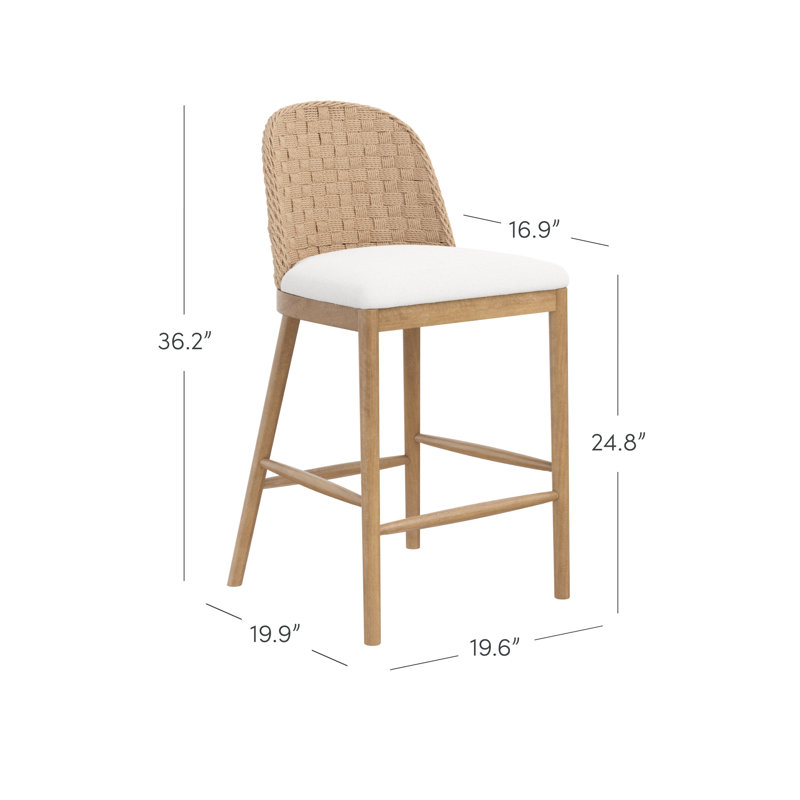 Boucle Counter Stool With Upholstered Seat And Woven Seagrass Backrest, 2